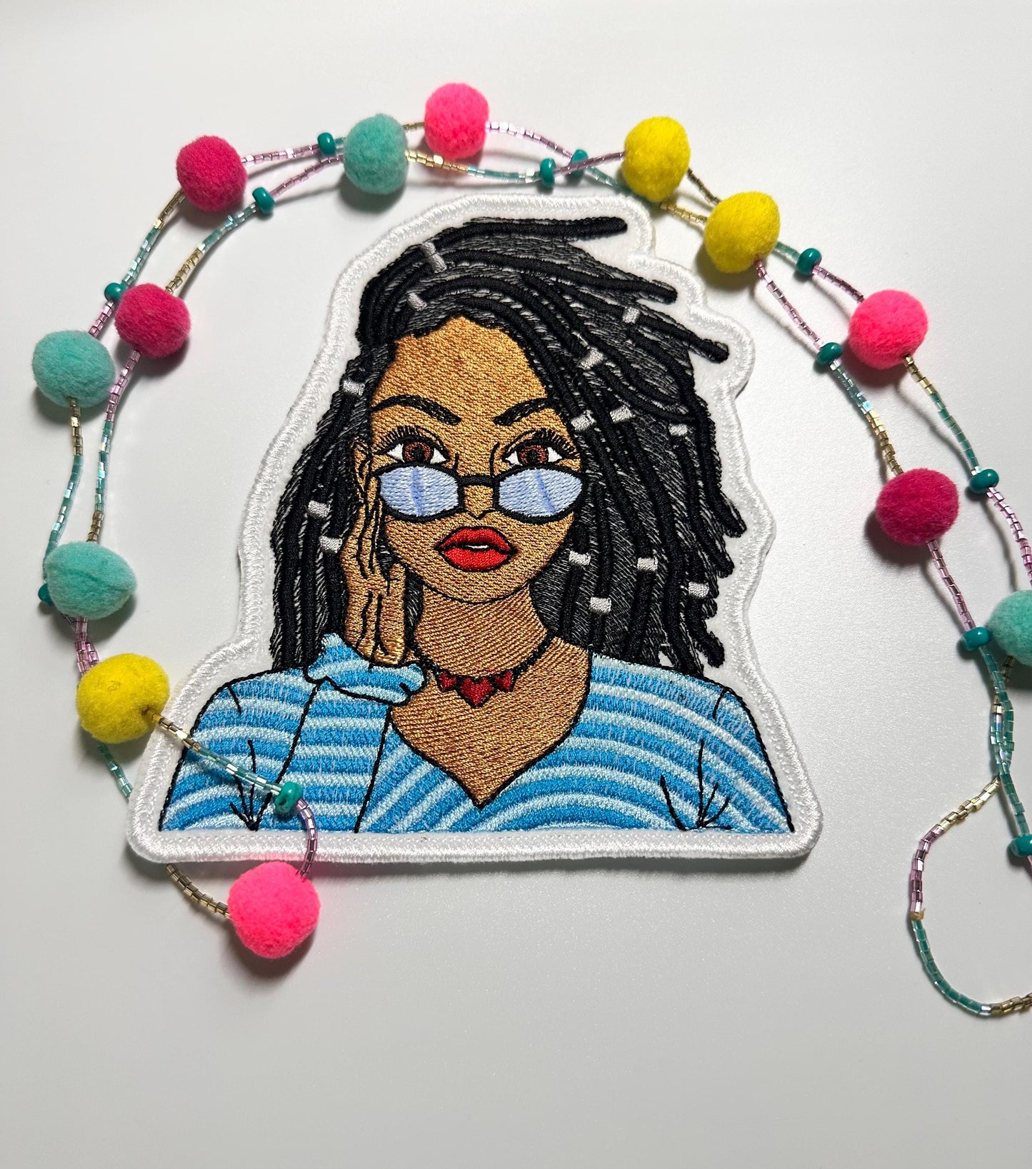 Black woman Embroidery Sew on  Patch with Adhesive backing for placement. She has Shades and Dreads and Hair Decoration.  10.50