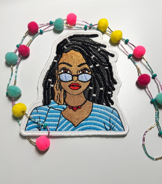 Black woman Embroidery Sew on  Patch with Adhesive backing for placement. She has Shades and Dreads and Hair Decoration.  10.50