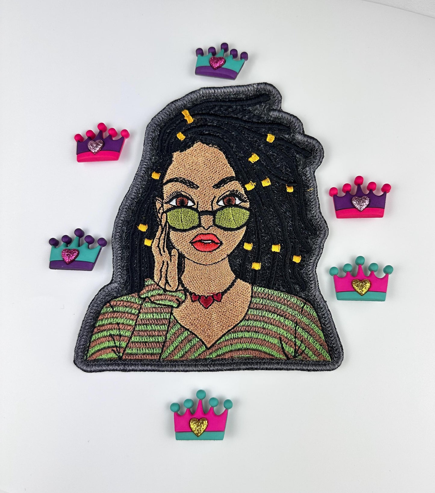 Black woman Embroidery Sew on  Patch with Adhesive backing for placement. She has Shades and Dreads and Hair Decoration.  10.50