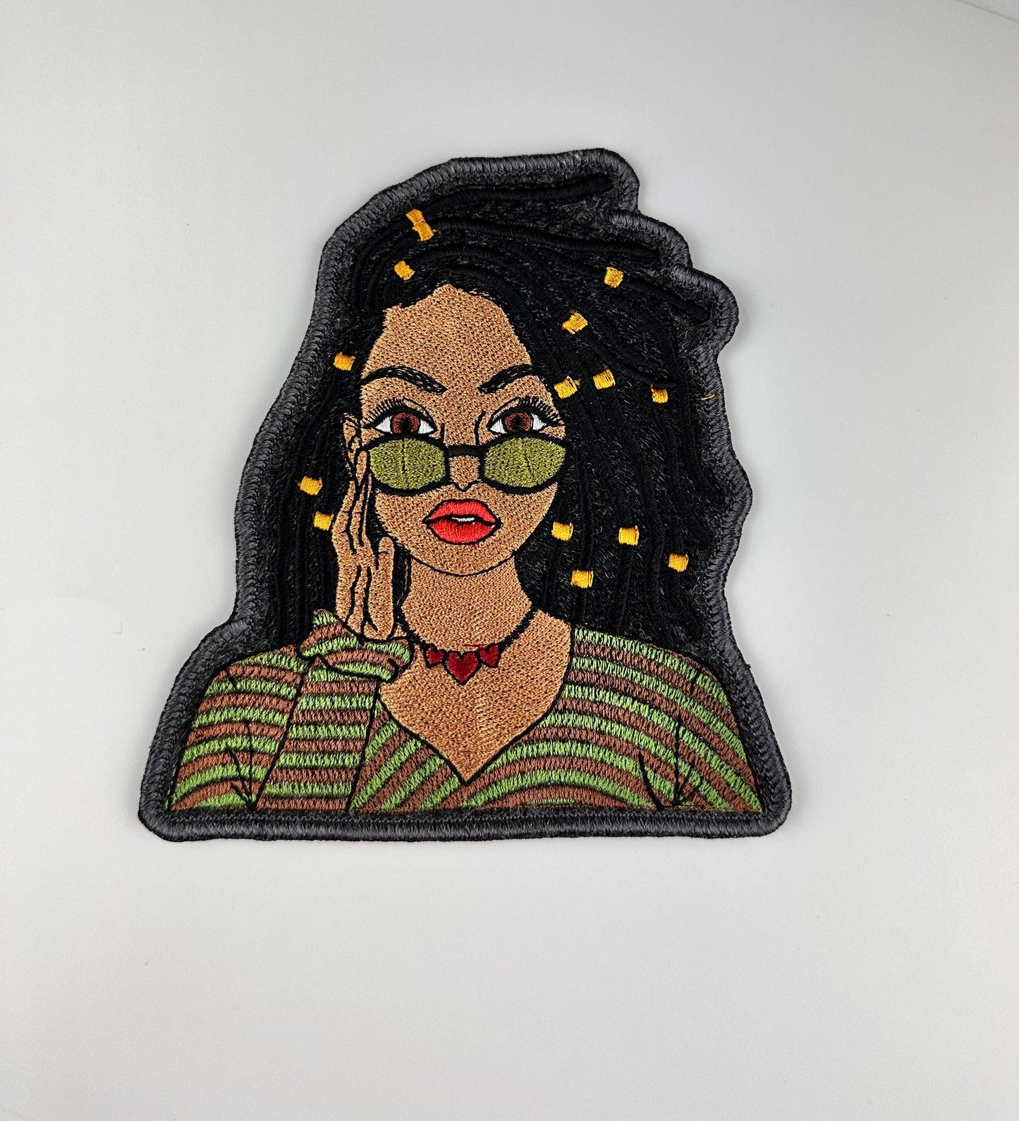 Black woman Embroidery Sew on  Patch with Adhesive backing for placement. She has Shades and Dreads and Hair Decoration.  10.50