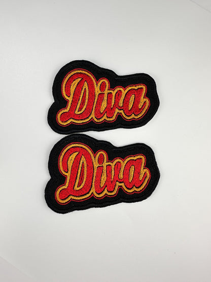 Diva Embroidery Patch, Red Black and Gold Glamorous Applique, Sew On Patch with Iron-On Adhesive for Placement
