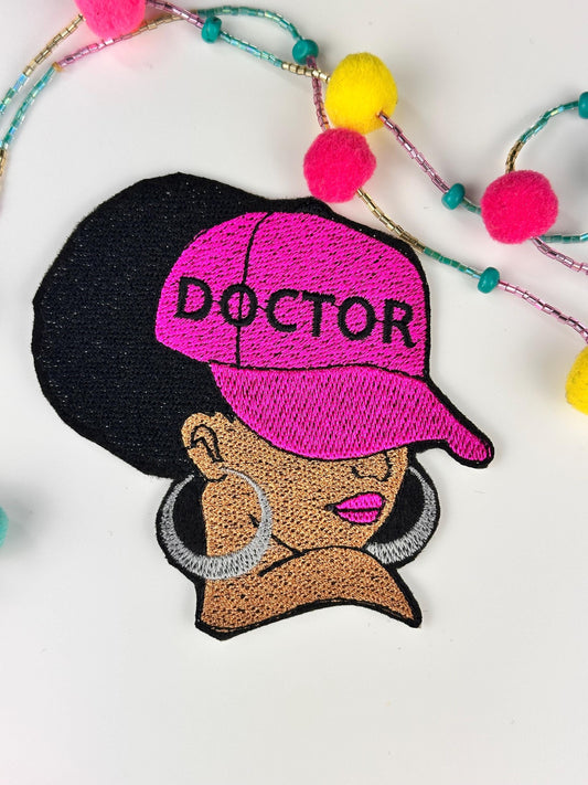 Afro Woman Doctor Patch in a Pink Cap "Doctor" Sew on Embroidery Patch with Iron on backing for placement. 3d Black woman  Patch,  9.97