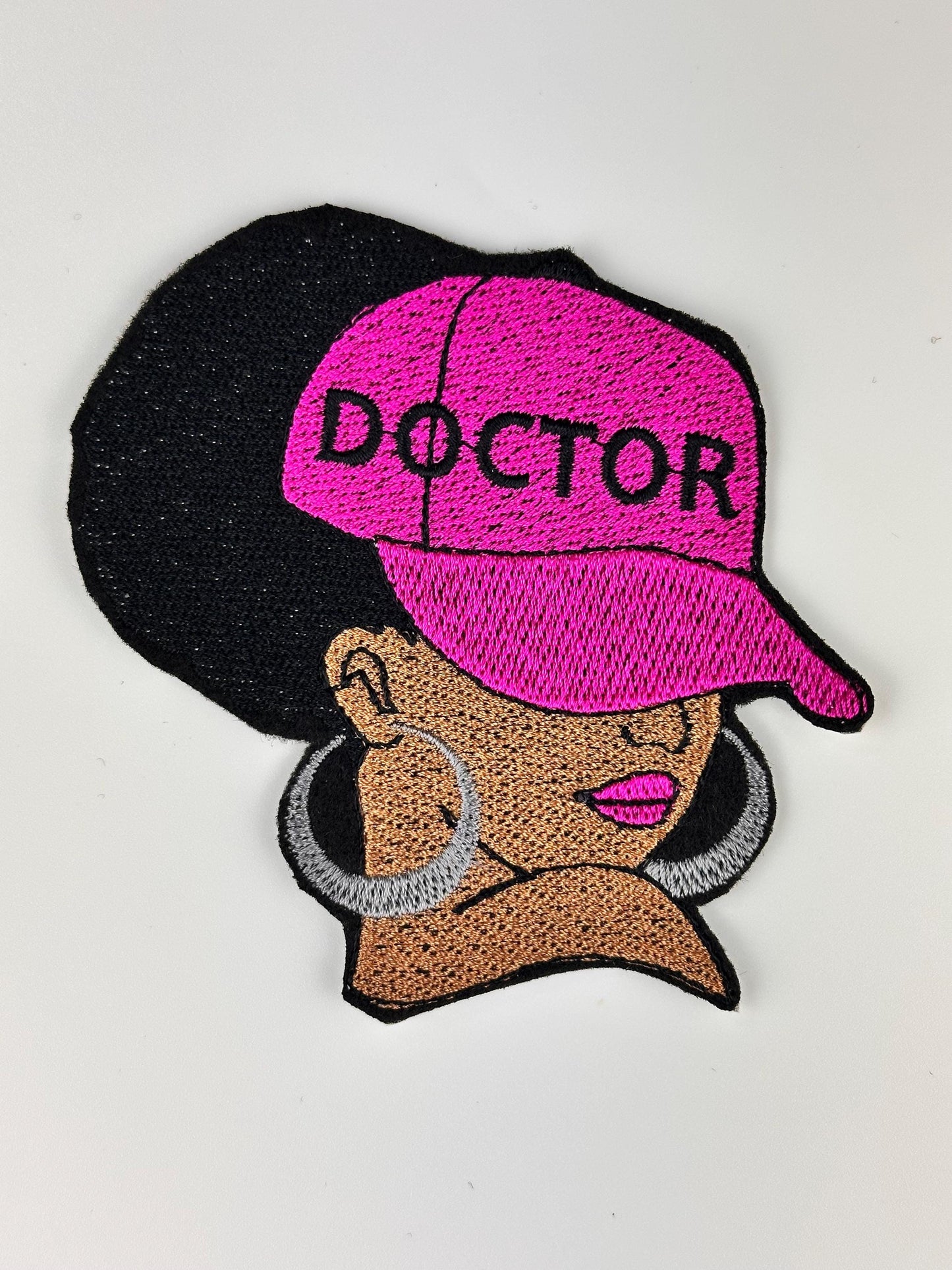 Afro Woman Doctor Patch in a Pink Cap "Doctor" Sew on Embroidery Patch with Iron on backing for placement. 3d Black woman  Patch,  9.97