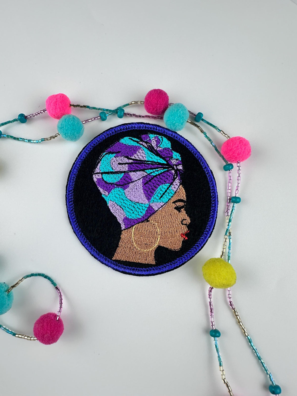 Afro Woman in African Head Wrap .e w on patch with Iron on Backing for placement Embroidery Patch, Round Patch with Satin Stitch 8.78