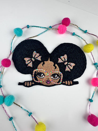Black Teen Girl wearing Large Glasses Sew on patch with Iron on backing for placement. Cute Little Girl BGM, Handmade Patch 9.00