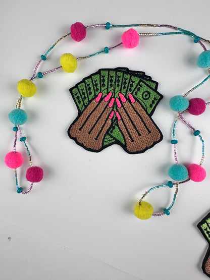 Money and Hands Sew On Embroidery Patch with Iron on backing for placement. Handmade Patch, Fingernail Patch, Black Woman Patch, ***8.00***
