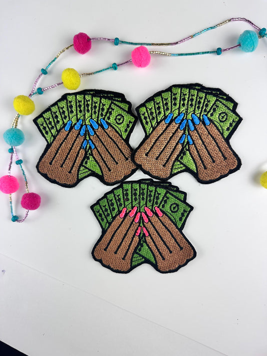Money and Hands Sew On Embroidery Patch with Iron on backing for placement. Handmade Patch, Fingernail Patch, Black Woman Patch, ***8.00***