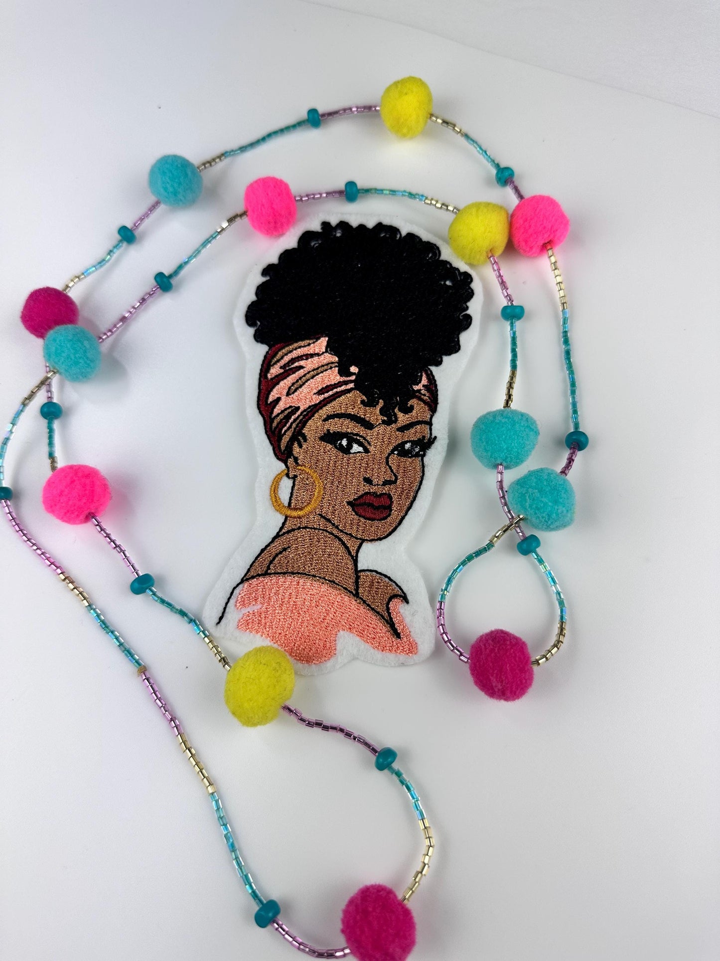 Afro Woman Embroidery Patch: Black Woman with Peach Headwrap