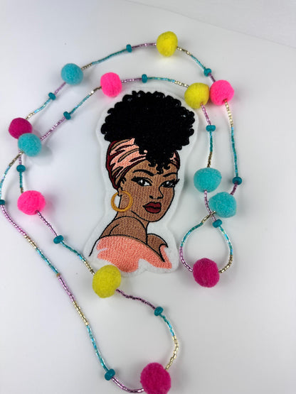 Afro Woman Embroidery Patch, Black Woman with Peach or Blue Headwrap Sew On Patch for Jackets, Tote Bags & Headwrap Lovers