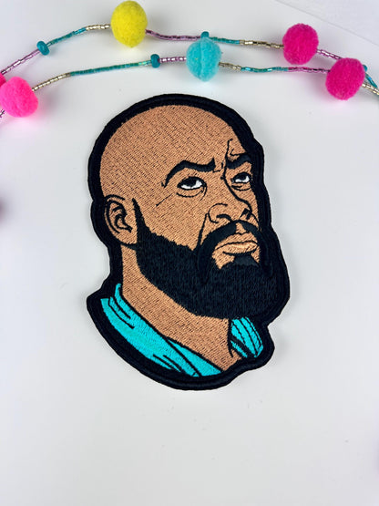 Bald Black Man Embroidery Patch, Teal Shirt and Beard Sew-On and Iron on Adhesive-Patch (3 1/4" x 4 3/4") for Jackets, Bags & Hats