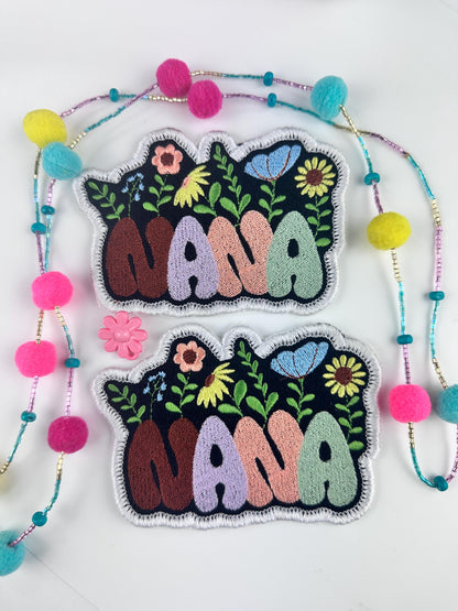 Nana Embroidery Patch, Grandmother Sew On Patch with Iron-On Backing for Placement, Grandma Nana Patch with Flowers