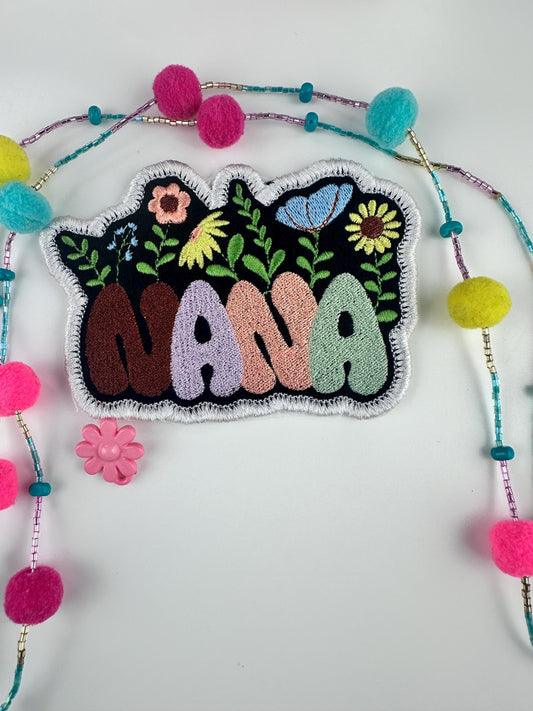 Nana Embroidery Patch, Grandmother Sew On Patch with Iron-On Backing for Placement, Grandma Nana Patch with Flowers