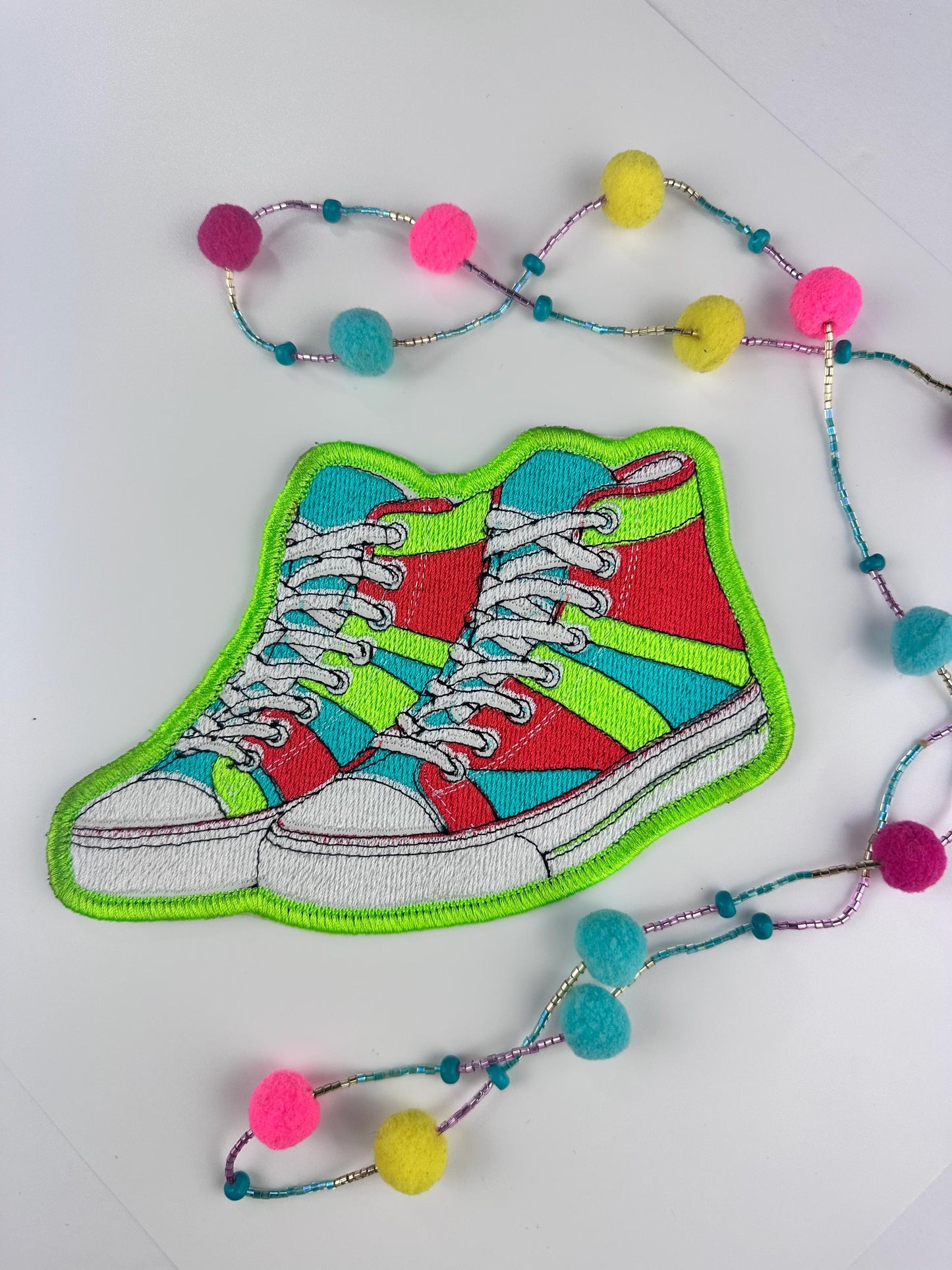 Colorful High top Sneakers . This fun Sew on patch comes with Iron on adhesive for placement only. Tennis shoes, High top sneakers 10.89