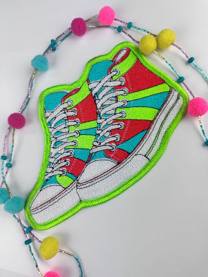 Colorful High top Sneakers . This fun Sew on patch comes with Iron on adhesive for placement only. Tennis shoes, High top sneakers 10.89
