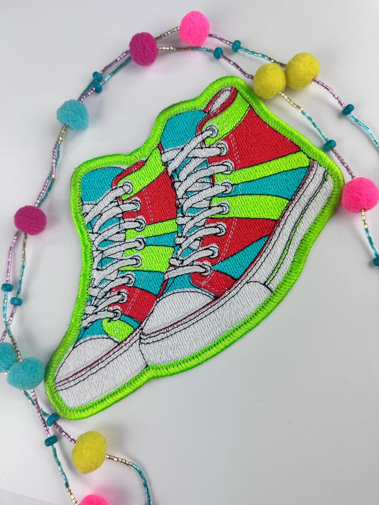 Colorful High top Sneakers . This fun Sew on patch comes with Iron on adhesive for placement only. Tennis shoes, High top sneakers 10.89