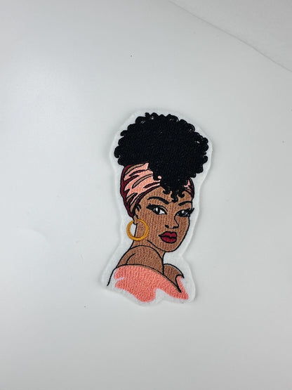Afro Woman Embroidery Patch: Black Woman with Peach Headwrap