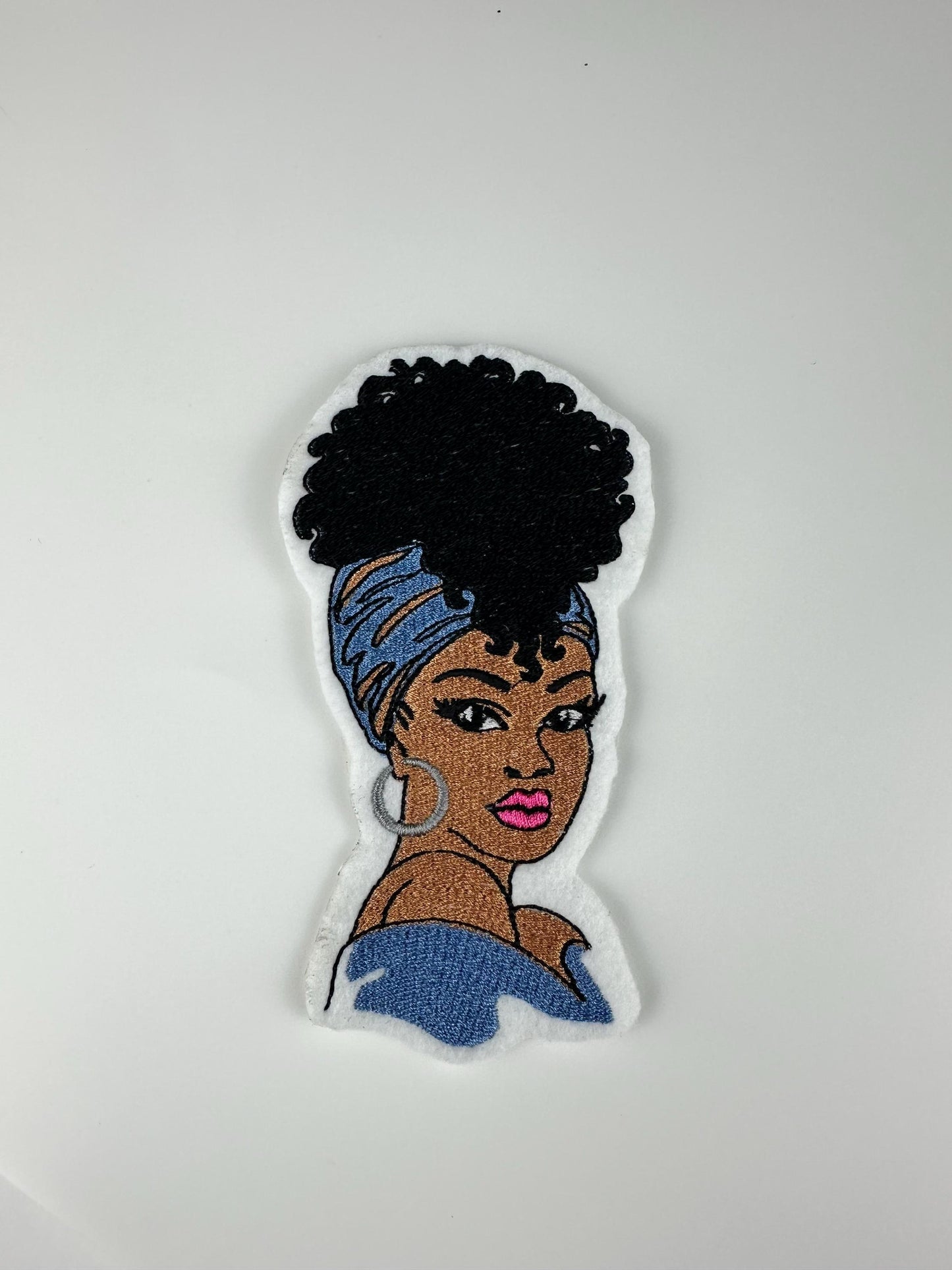 Afro Woman Embroidery Patch: Black Woman with Peach Headwrap