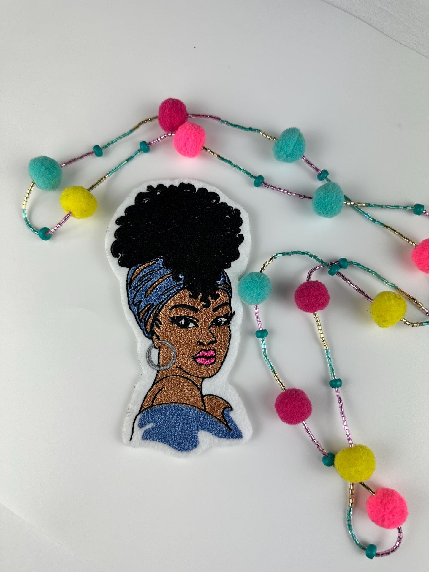 Afro Woman Embroidery Patch, Black Woman with Peach or Blue Headwrap Sew On Patch for Jackets, Tote Bags & Headwrap Lovers