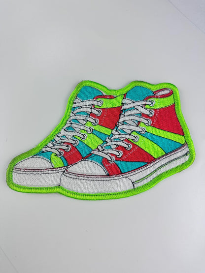 Colorful High top Sneakers . This fun Sew on patch comes with Iron on adhesive for placement only. Tennis shoes, High top sneakers 10.89