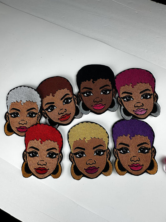 Afro Woman Embroidery Patch BUNDLE: Bold Colors, Gold Earrings (Set of 7)