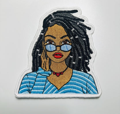 Black Woman Embroidery Patch with Shades & Dreadlocks, Afrocentric Iron On Patch, BGM for Jackets and Bag