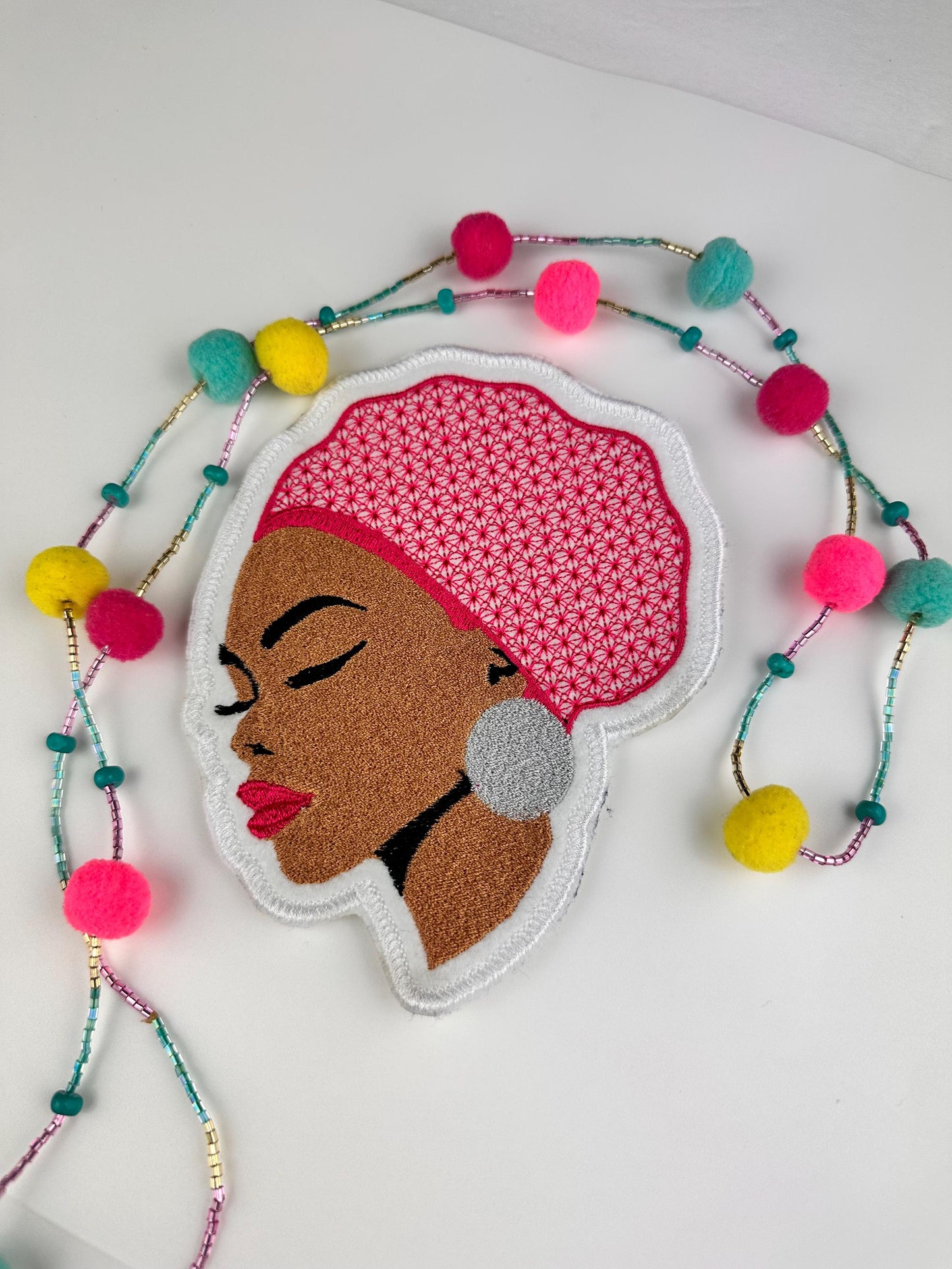 Black Woman Embroidery Patch: Afro Woman with Pink Lipstick