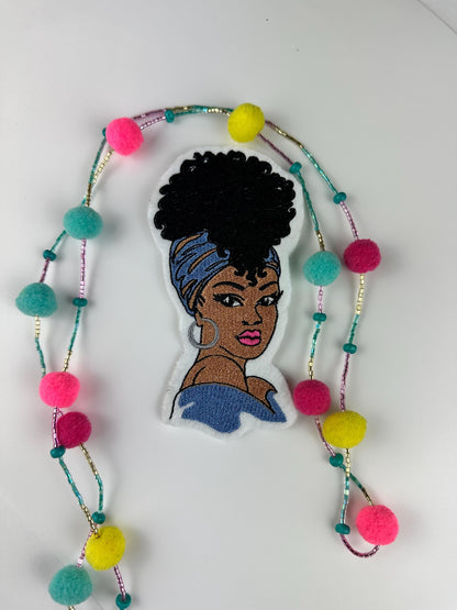 Afro Woman Embroidery Patch: Black Woman with Peach Headwrap
