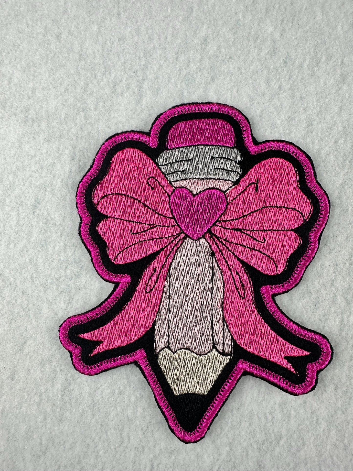 Pencil Bow Embroidery Patch, Teacher Patch Large Bow, Back to School Patch, Sew On with Iron-On Adhesive for Placement