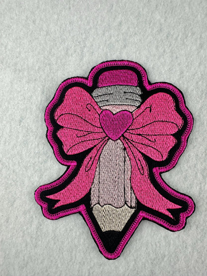Pencil Bow Embroidery Patch, Teacher Patch Large Bow, Back to School Patch, Sew On with Iron-On Adhesive for Placement