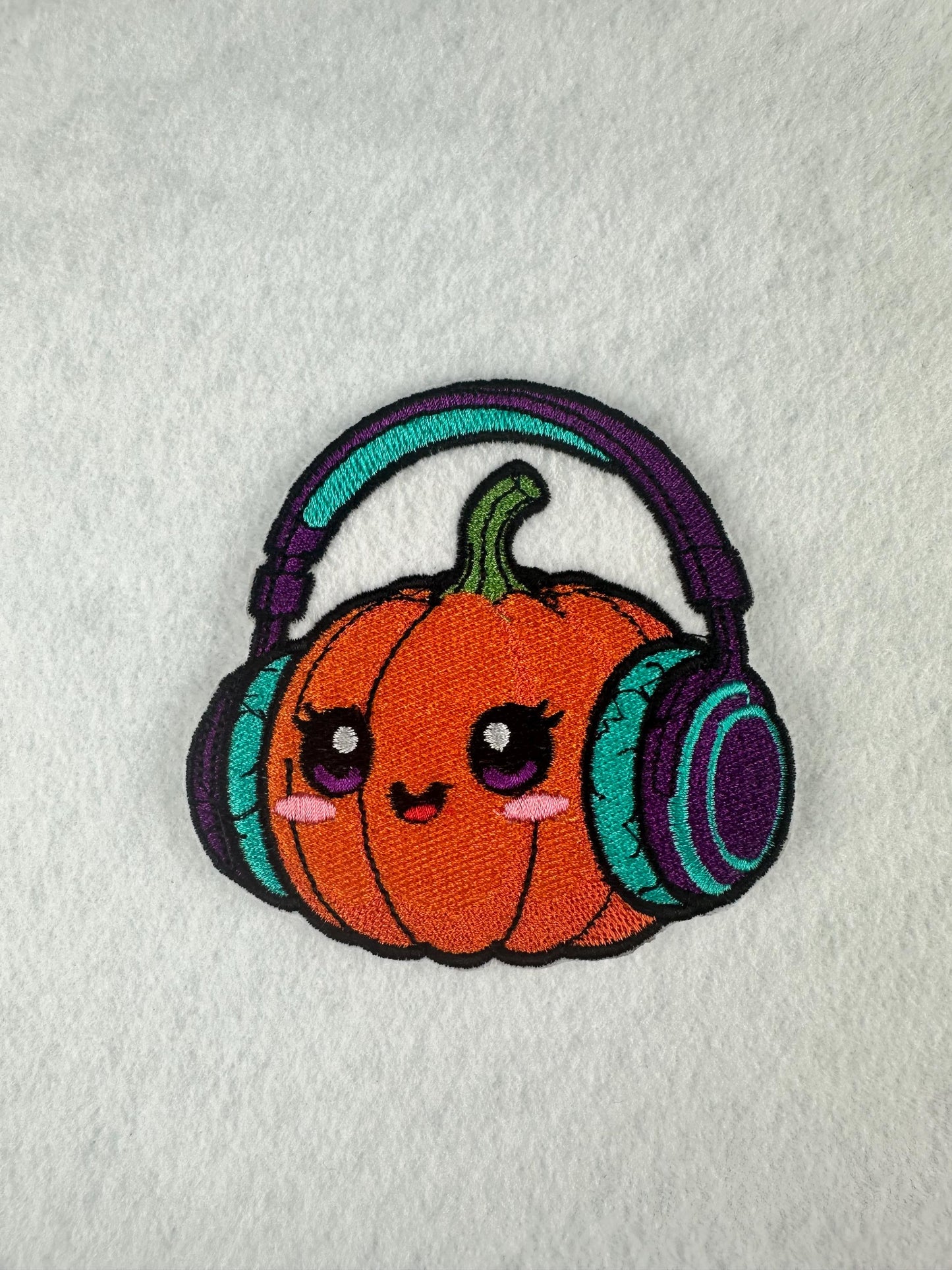 Cute Pumpkin with Headphones Embroidery Patch-Smiling Halloween Patch with music headphones and cute smile. 6.33