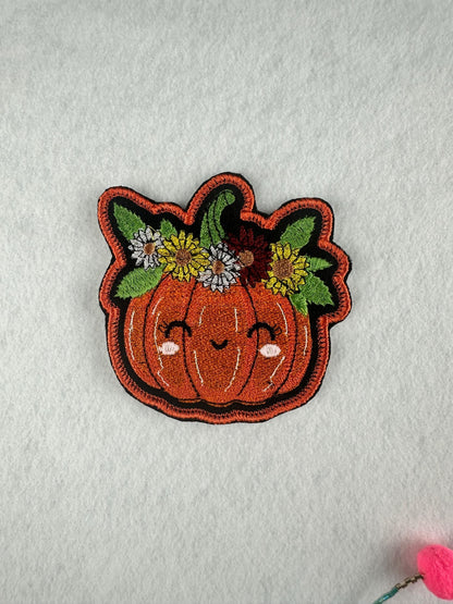 Cute Pumpkin with Headphones Embroidery Patch-Smiling Halloween Patch with music headphones and cute smile. 6.33