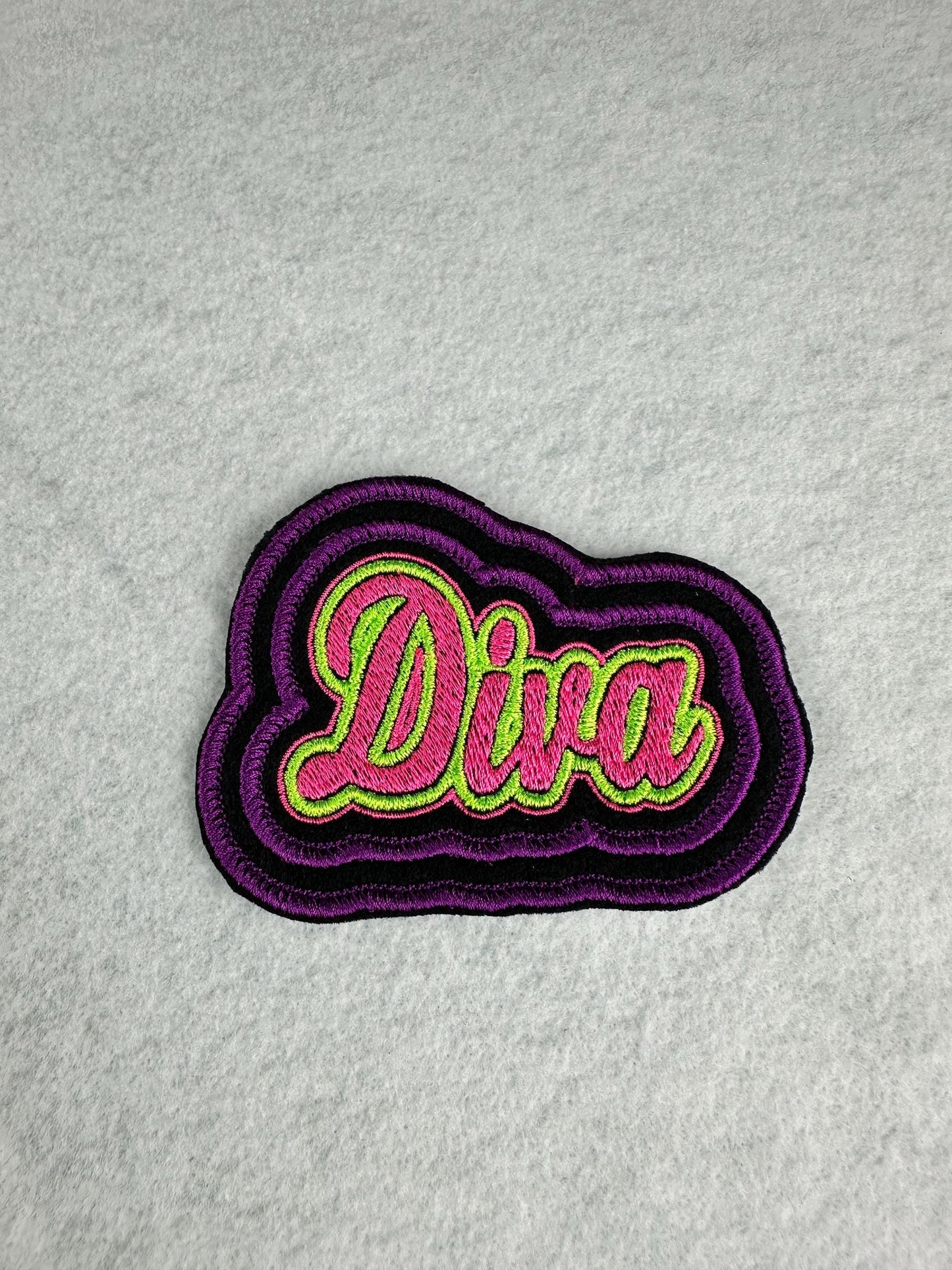 Diva Embroidery Patch, Double Border Pink Purple Green. Sew On Patch with Iron-On Adhesive for Placement