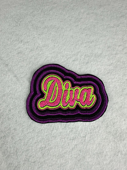 Diva Embroidery Patch, Double Border Pink Purple Green. Sew On Patch with Iron-On Adhesive for Placement
