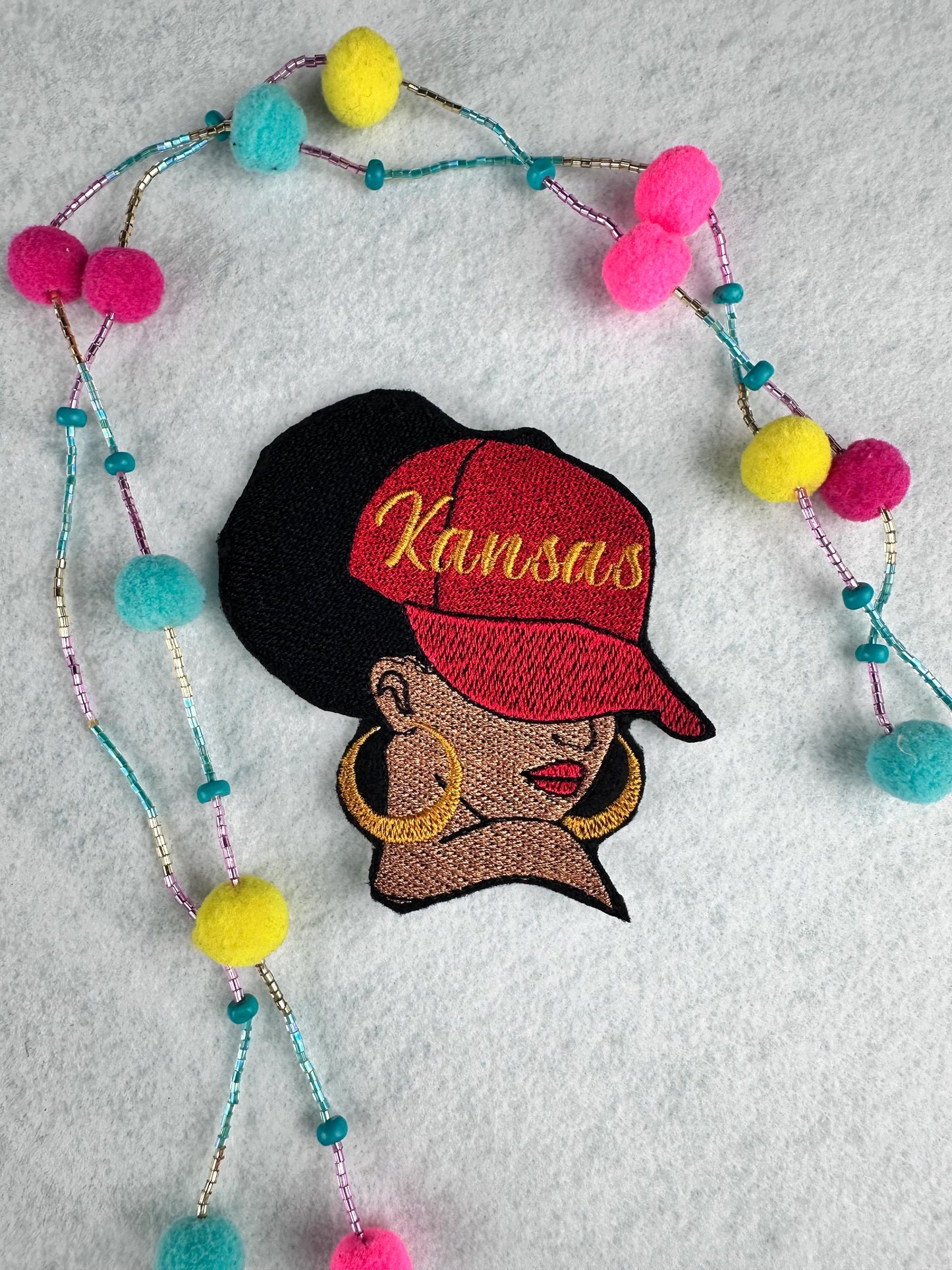 Afro Woman Red Cap Beauty-Embroidery patch with City Names, Gold earrings and red lipstick. 5 different designs 9.97