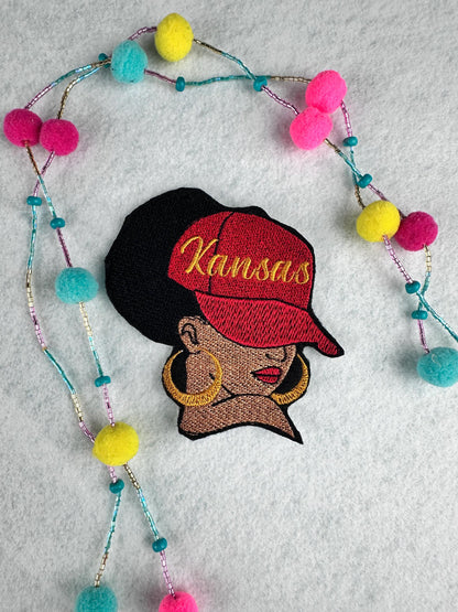 Afro Woman Red Cap Beauty-Embroidery patch with City Names, Gold earrings and red lipstick. 5 different designs 9.97