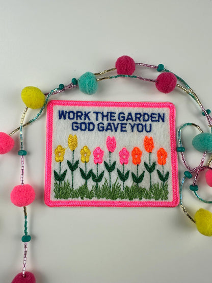 Inspirational Flower Garden Embroidery Patch, “Work the Garden” Faith Design, Christian Sew On Patch for Jackets, Bags & Bible Cover