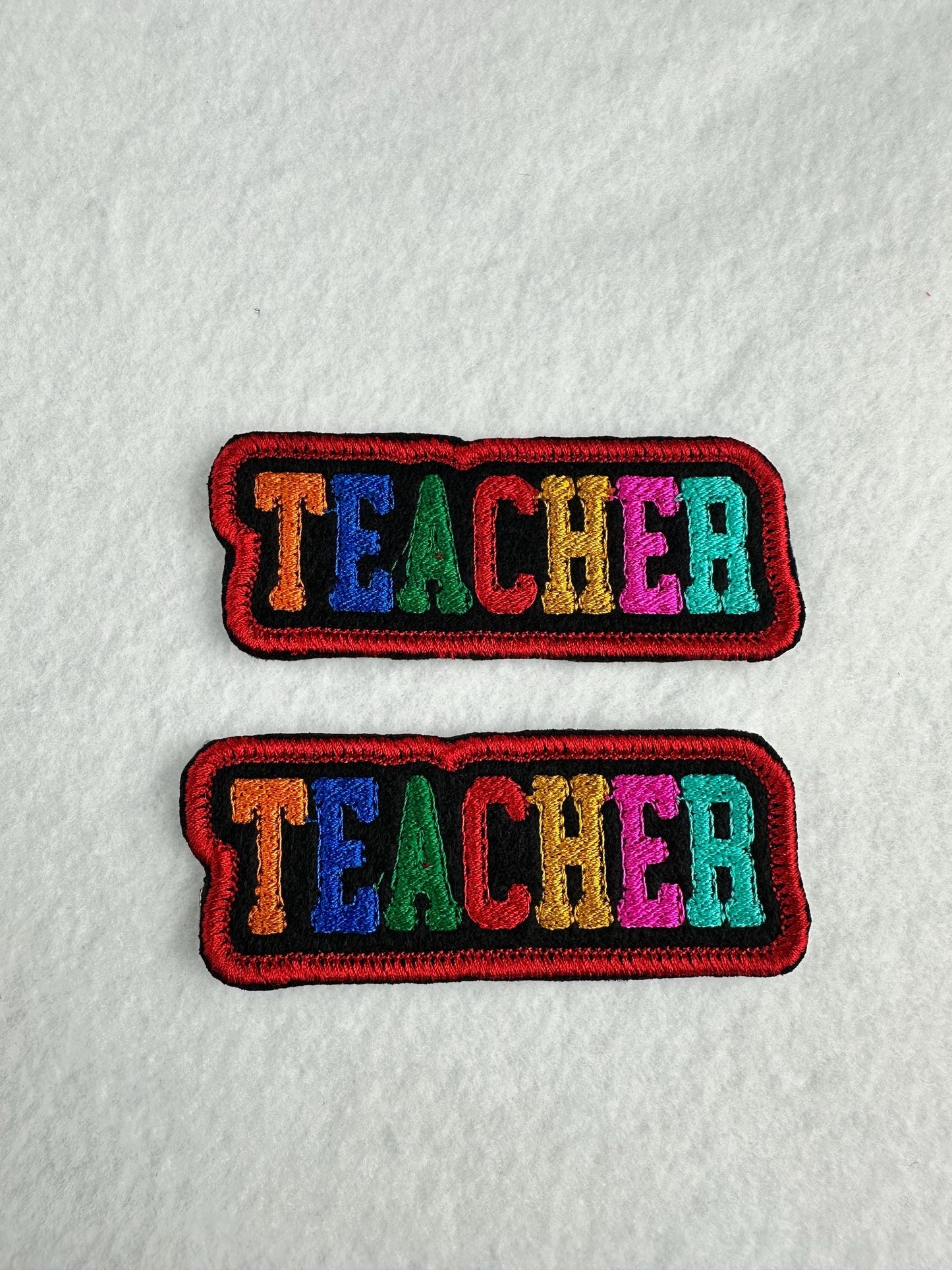 TEACHER Embroidery Patch – Whimsical Colorful Letters with Red Satin Border 6.53