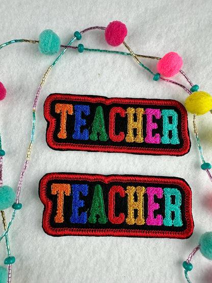 TEACHER Embroidery Patch – Whimsical Colorful Letters with Red Satin Border 6.53