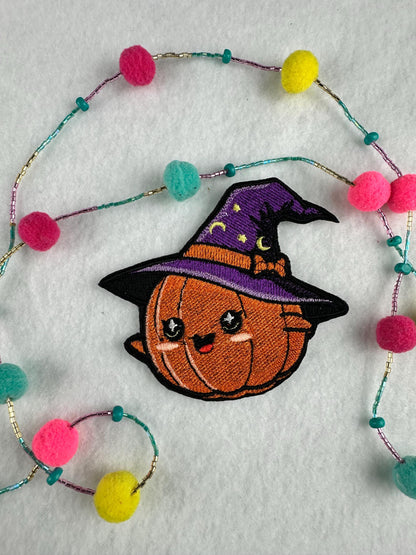 Embroidered Pumpkin Patch: Purple Witch Hat, Stars & Moon - Halloween Costume