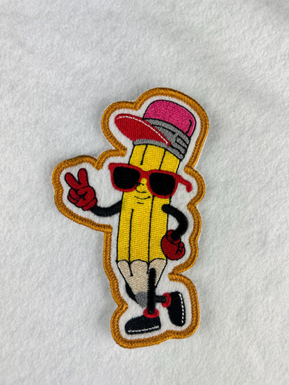 Pencil Man Peace Sign Patch: Red Shades, Pink Eraser Cap - Sew On