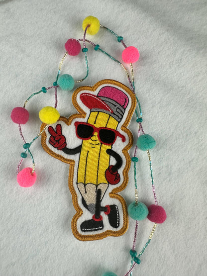 Pencil Man Peace Sign Patch: Red Shades, Pink Eraser Cap - Sew On