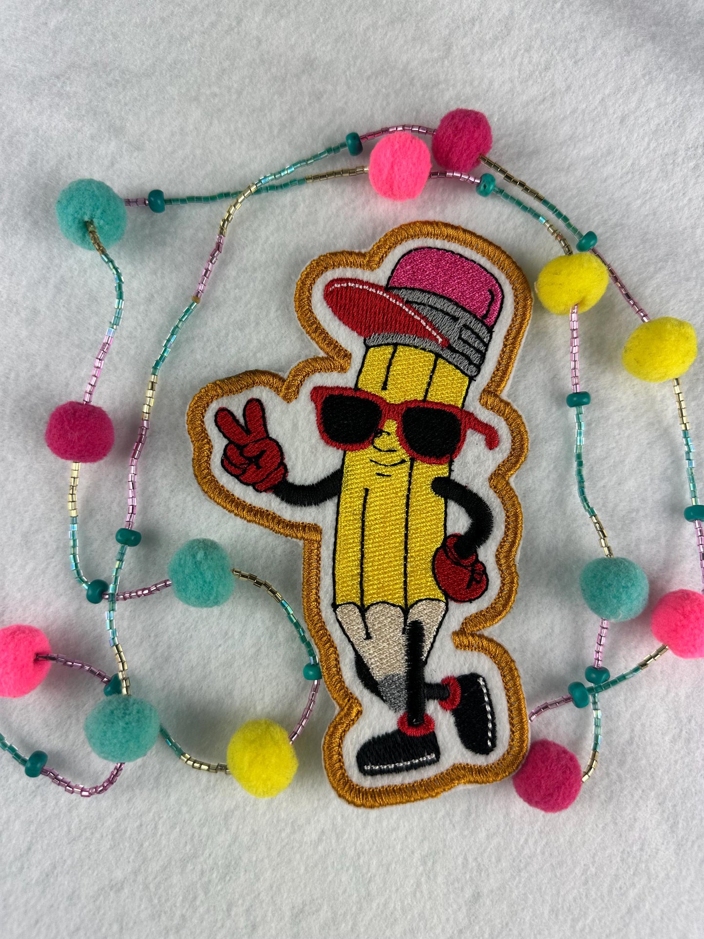 Pencil Man Peace Sign Patch: Red Shades, Pink Eraser Cap - Sew On