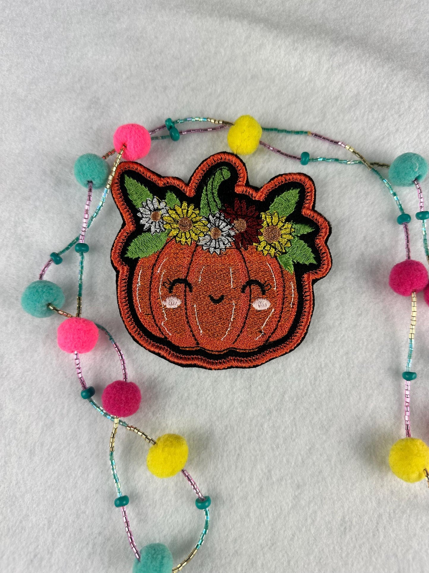 Cute Pumpkin with Headphones Embroidery Patch-Smiling Halloween Patch with music headphones and cute smile. 6.33