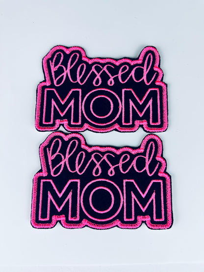 Blessed Mom Embroidery Patch: Sew-On Applique with Adhesive - Pink & Glitter Red