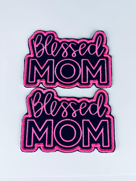 Blessed Mom Embroidery Patch: Sew-On Applique with Adhesive - Pink & Glitter Red