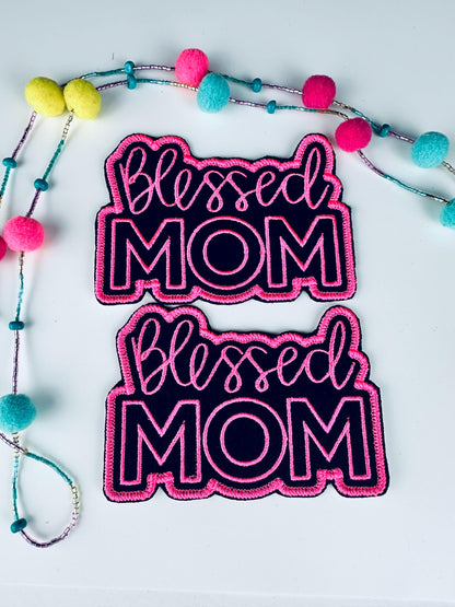 Blessed Mom Embroidery Patch, Pink or Glitter Red Sew On Applique with Adhesive, Christian Mom Patch for Jackets, Bags & Bible Covers