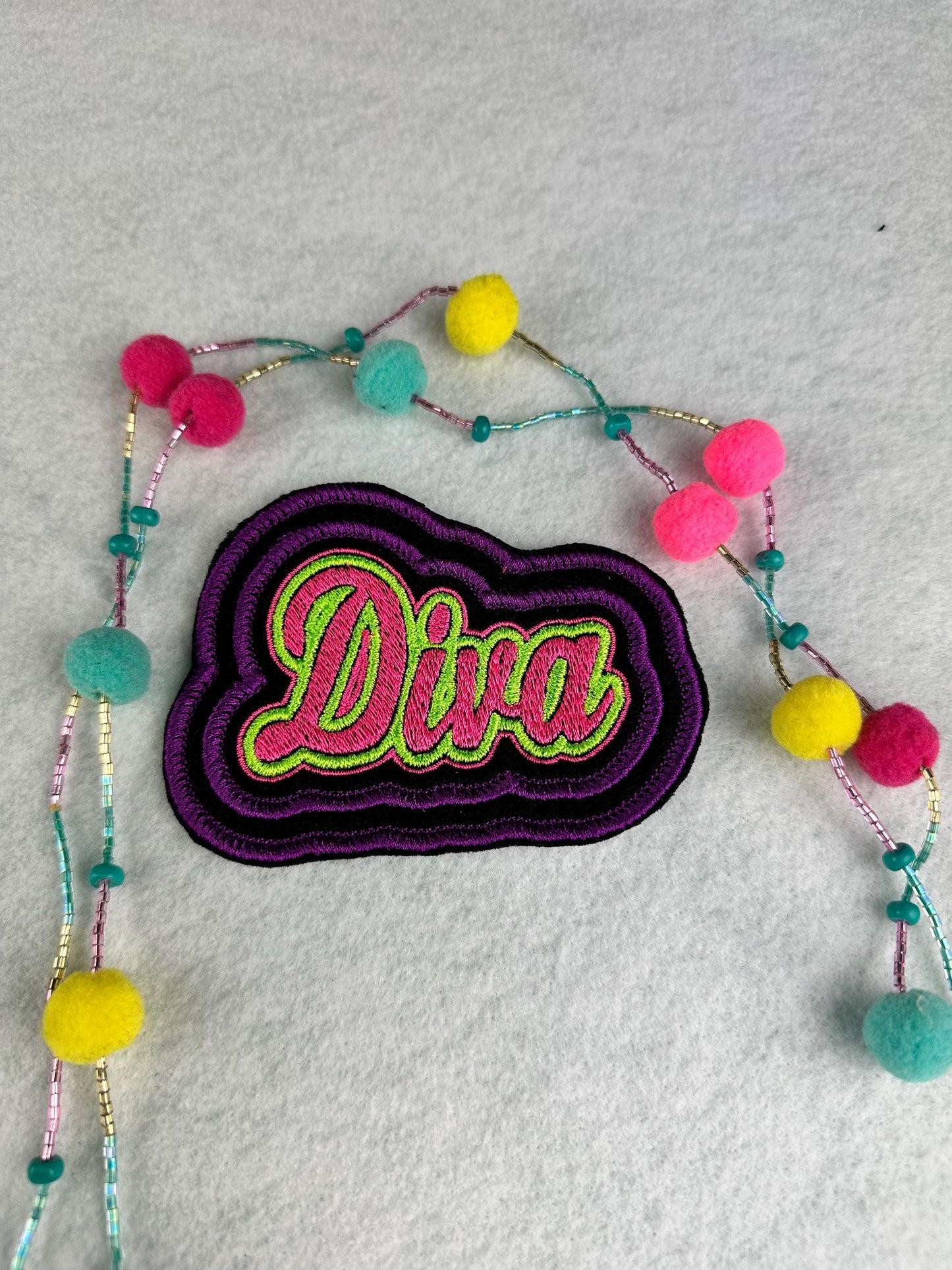 Diva Embroidery Patch, Double Border Pink Purple Green. Sew On Patch with Iron-On Adhesive for Placement