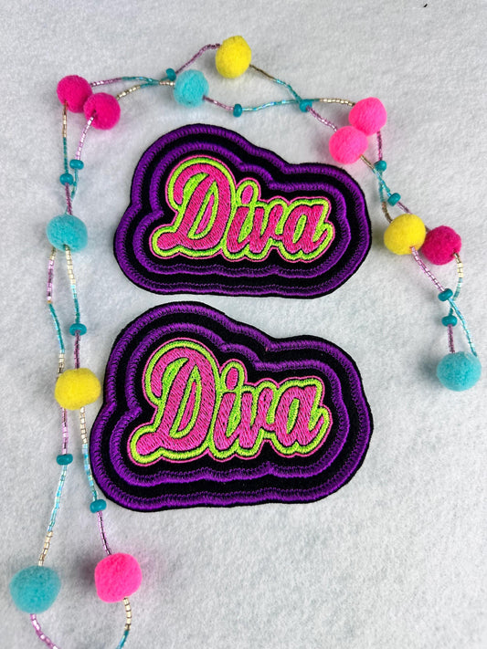 Diva Embroidery Patch, Double Border Pink Purple Green. Sew On Patch with Iron-On Adhesive for Placement