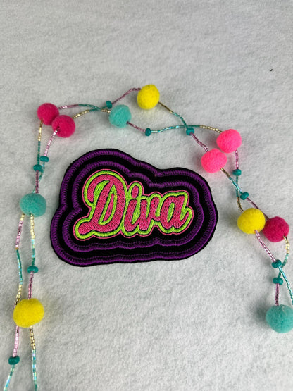 Diva Embroidery Patch: Pink, Purple, Green - Sew On
