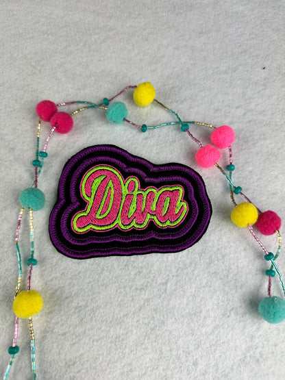 Diva Embroidery Patch, Double Border Pink Purple Green. Sew On Patch with Iron-On Adhesive for Placement